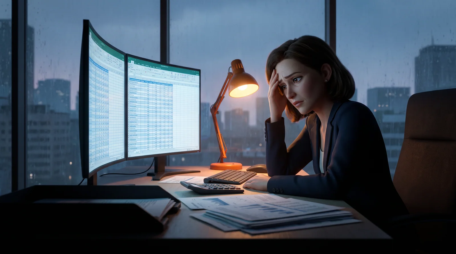 Una responsable de finanzas, de noche, ante dos monitores llenos de hojas de cálculo